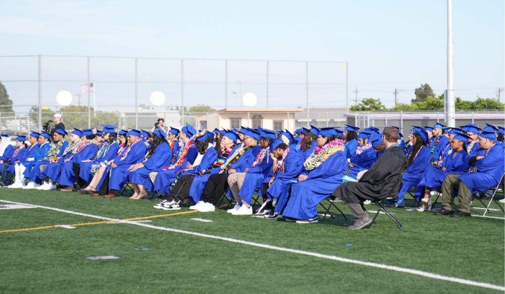 Graduates sitting through a graduation ceremony