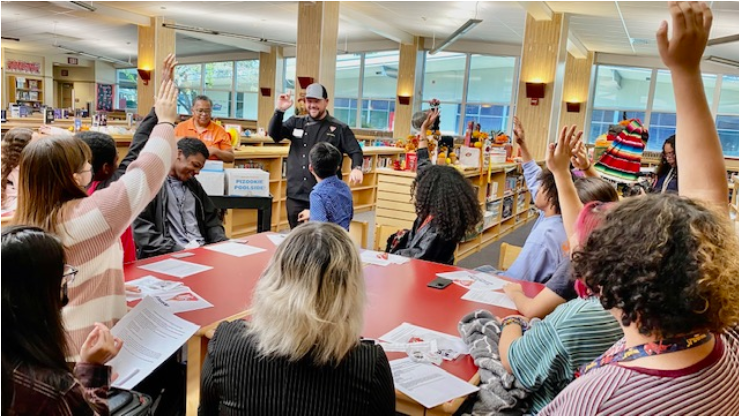 Students in library raising their hands